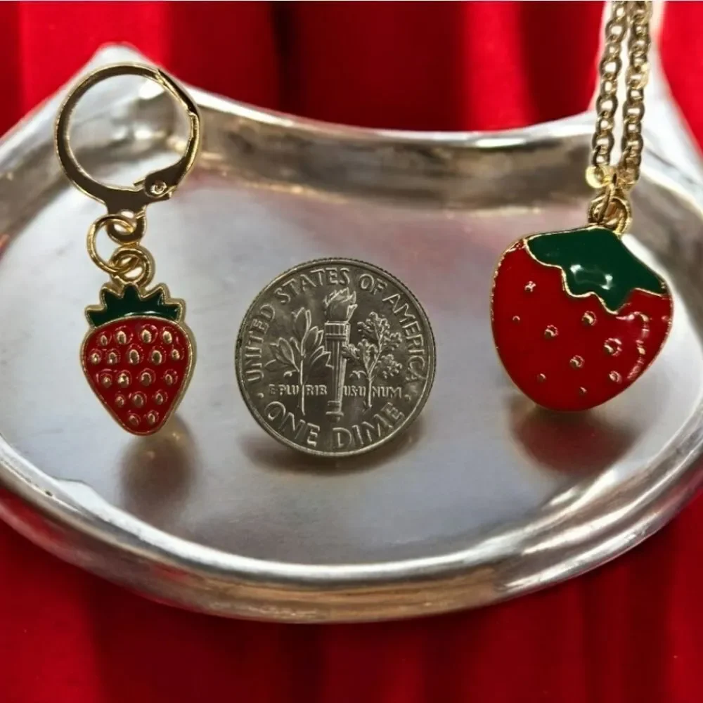 Girls Red Seeded Strawberry Jewelry Set Necklace Pierced Earrings Leverback Hoop